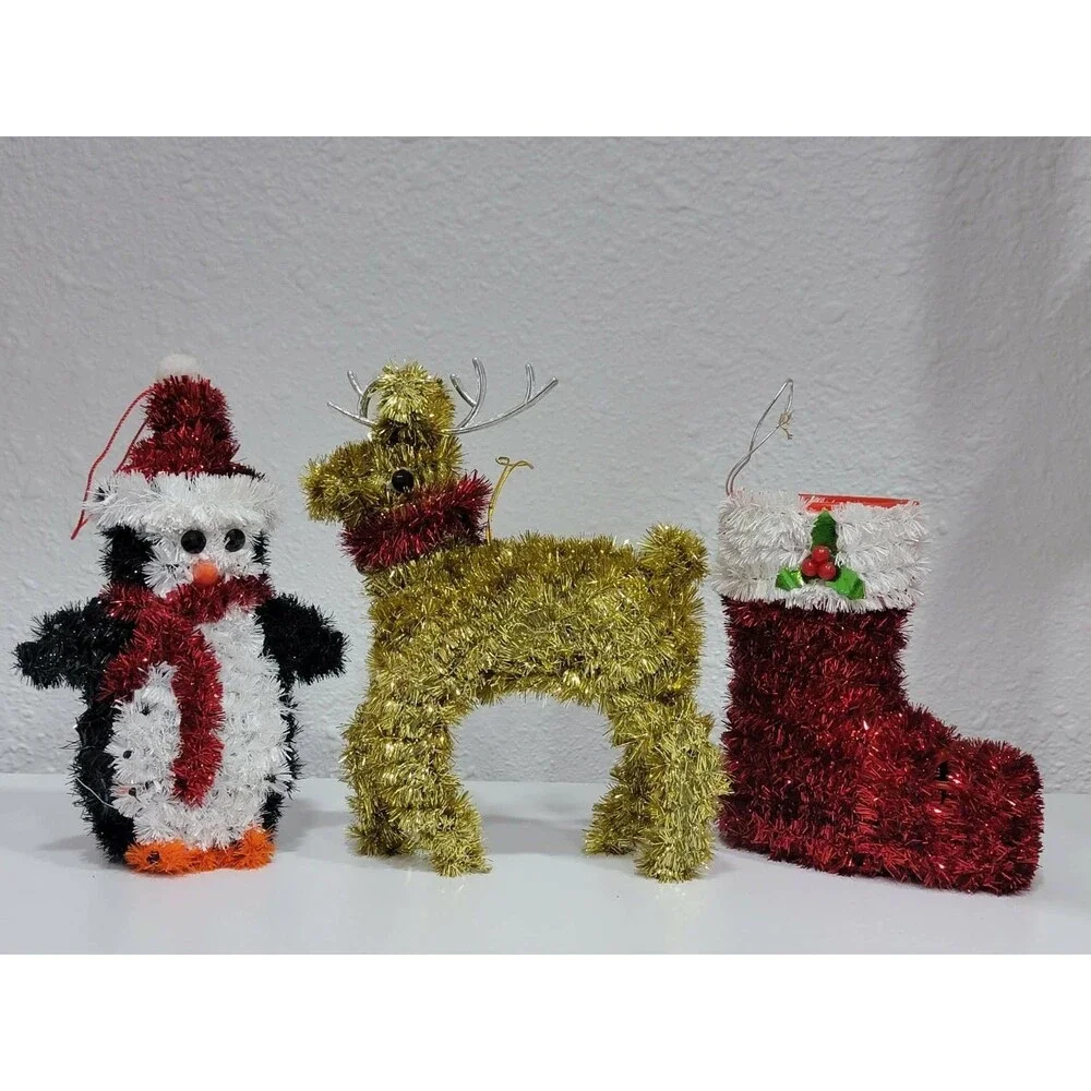 Christmas Ornaments Tinsel Tabletop And Hanging Sleigh Reindeer Penguin Stocking